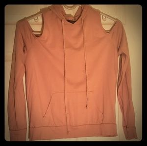 Dusty Rose colored open-shoulder hoodie